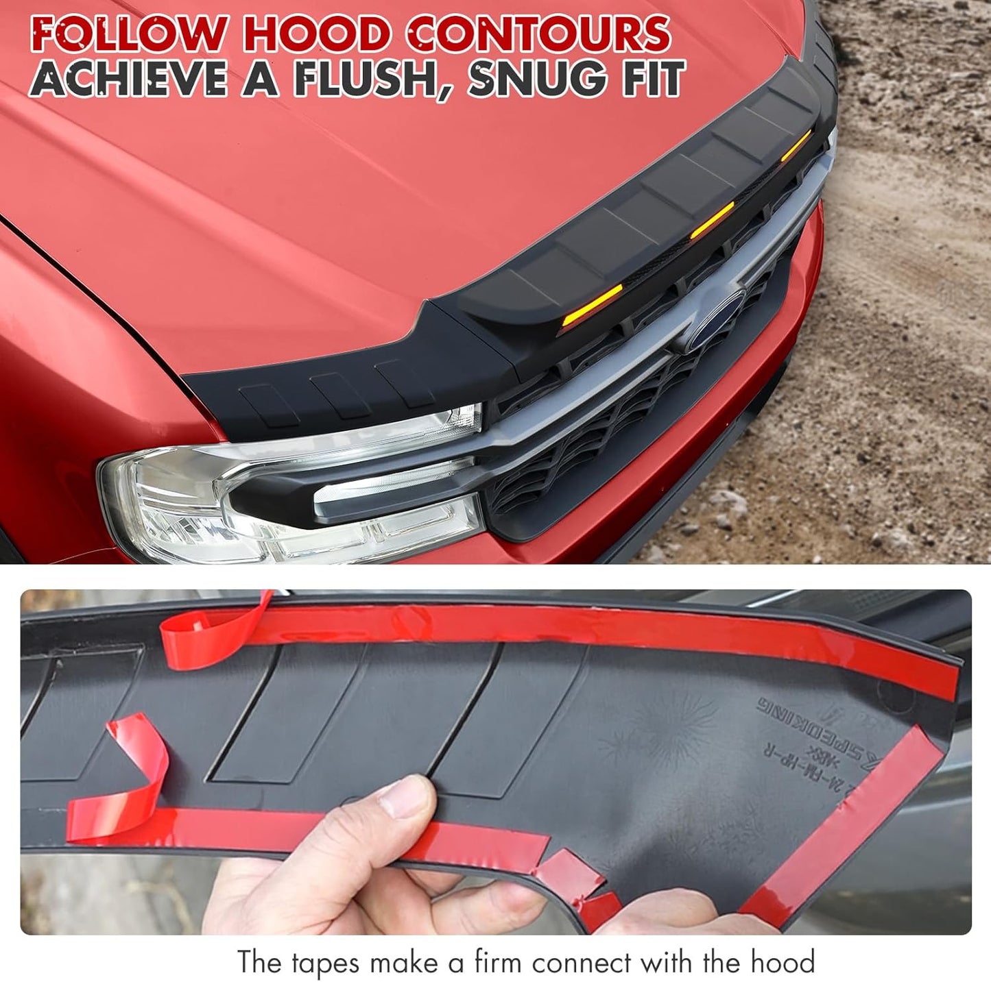 Mabett Hood Deflector Protector with 3 Pcs LED Grille Lights for Ford Maverick 2022-2025 Accessories, Hood Shield Replacement with Waterproof Amber Trim Lamp for Maverick