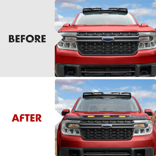 Mabett Hood Deflector Protector with 3 Pcs LED Grille Lights for Ford Maverick 2022-2025 Accessories, Hood Shield Replacement with Waterproof Amber Trim Lamp for Maverick