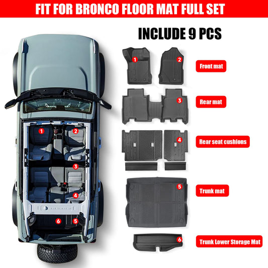 Mabett Interior Cover Mats for Ford Bronco Accessories 4-Door 2021 2022 2023 2024 2025 Floor Mats Rear Seat Back Cover and Cargo Liners with Trunk Lower Storage Mat(Not fit Bronco Sport)