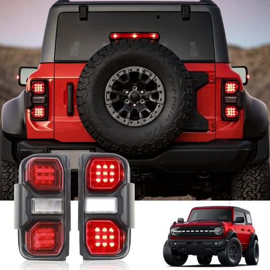 Mabett Raptor Style LED Tail Lights for Ford Bronco 2021 2022 2023 2024, Pair Red Lens Taillight Assemblies Fit Bronco Accessories