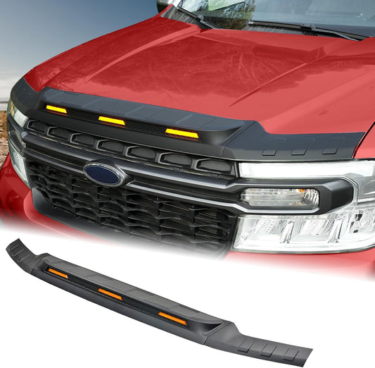 Mabett Hood Deflector Protector with 3 Pcs LED Grille Lights for Ford Maverick 2022-2025 Accessories, Hood Shield Replacement with Waterproof Amber Trim Lamp for Maverick