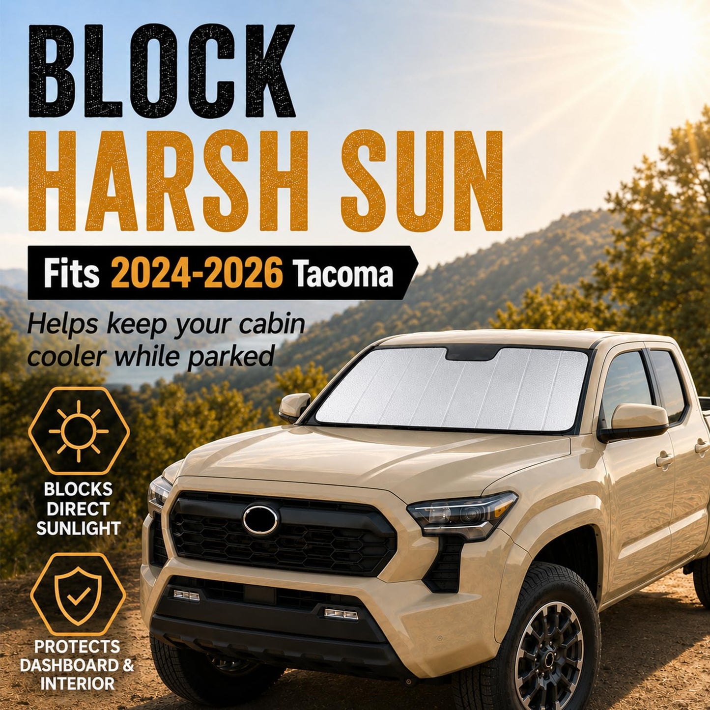 Windshield Sun Shade for 2024–2026 Toyota Tacoma Without Factory Dashcam