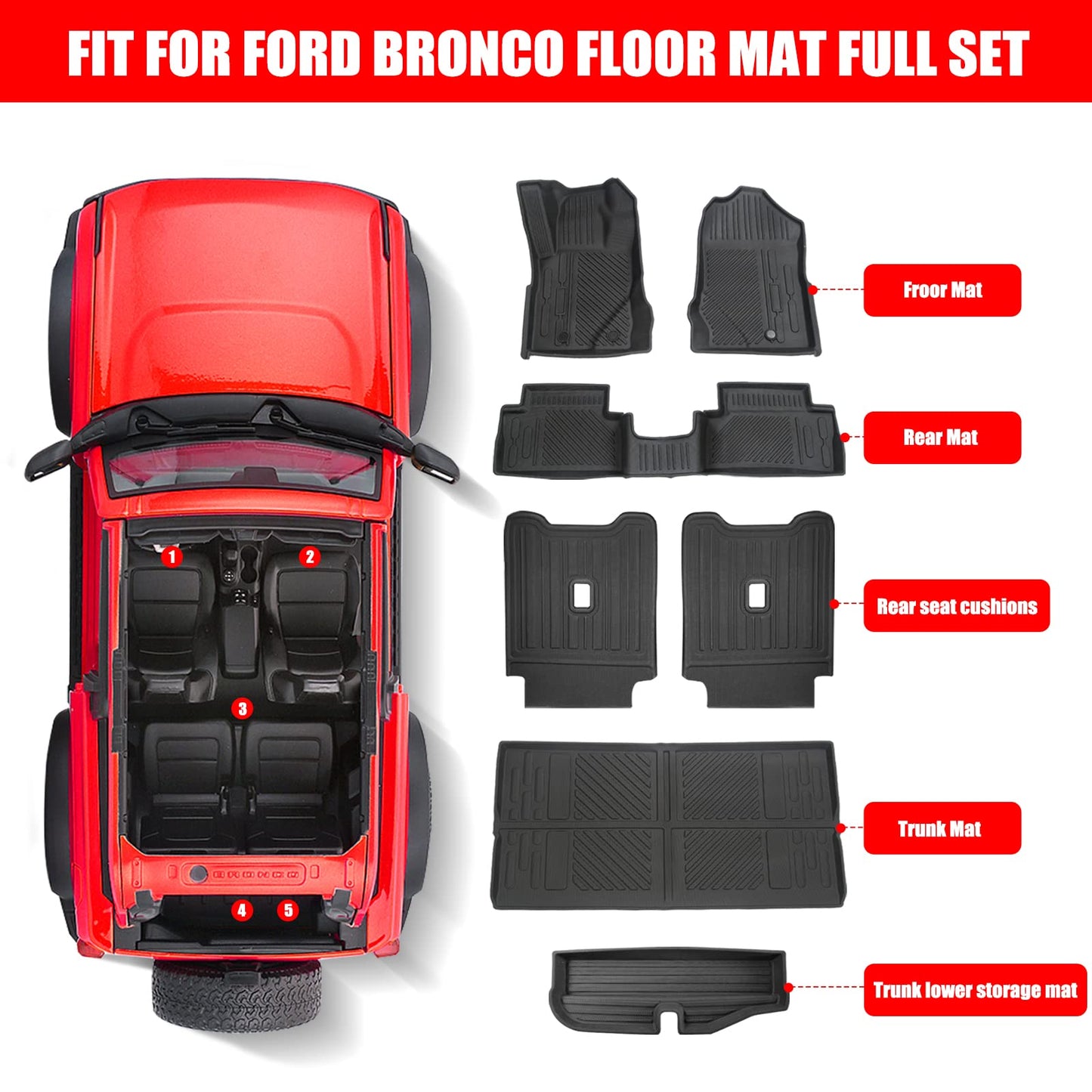 Mabett Interior Cover Mats for Ford Bronco Accessories 2-Door 2025 2021 2022 2023 2024 Front Rear Seat Back Cover Cargo Liners Set (Floor Mats&Seat Back Covers&Cargo Liner&Lower Trunk Storage Mat)