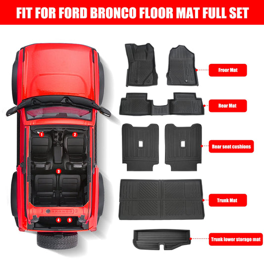 Mabett Interior Cover Mats for Ford Bronco Accessories 2-Door 2025 2021 2022 2023 2024 Front Rear Seat Back Cover Cargo Liners Set (Floor Mats&Seat Back Covers&Cargo Liner&Lower Trunk Storage Mat)