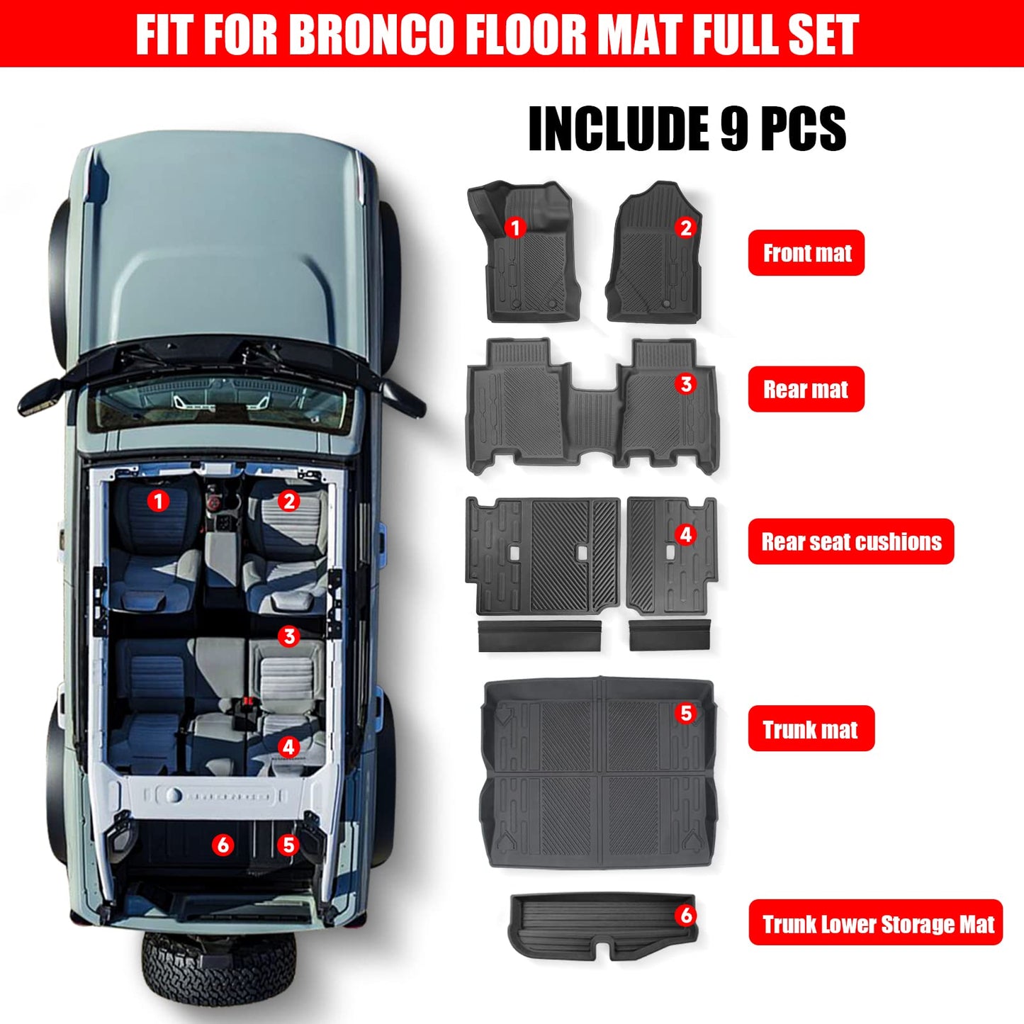 Mabett Interior Cover Mats for Ford Bronco Accessories 4-Door 2021 2022 2023 2024 2025 Floor Mats Rear Seat Back Cover and Cargo Liners with Trunk Lower Storage Mat（Not fit Bronco Sport）