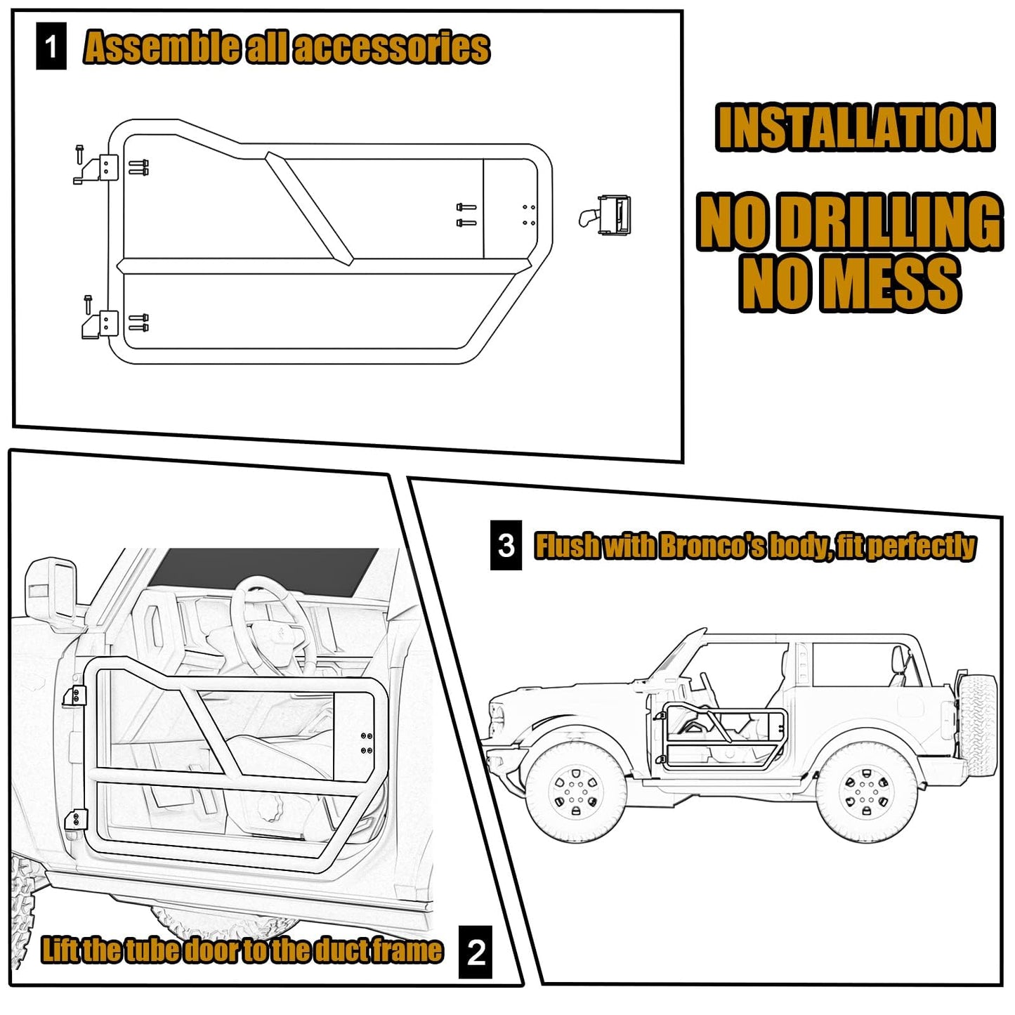 Mabett 2pcs Front Tube Door Fit Bronco 4-Door 2021 2022 2023 2024 2025 Accessories, Off-Road Steel Tubular Doors Front Pair
