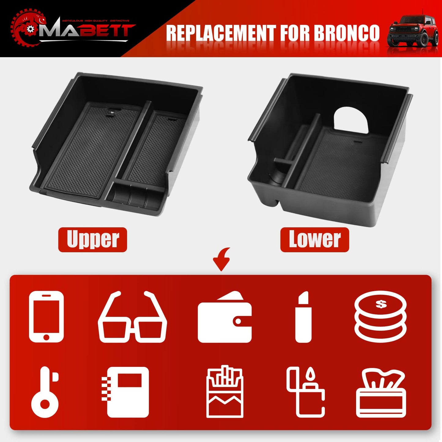 Mabett Console Organizer Tray for Bronco 2021-2024 2/4-Door  (Not Fits 2025+ Verison)