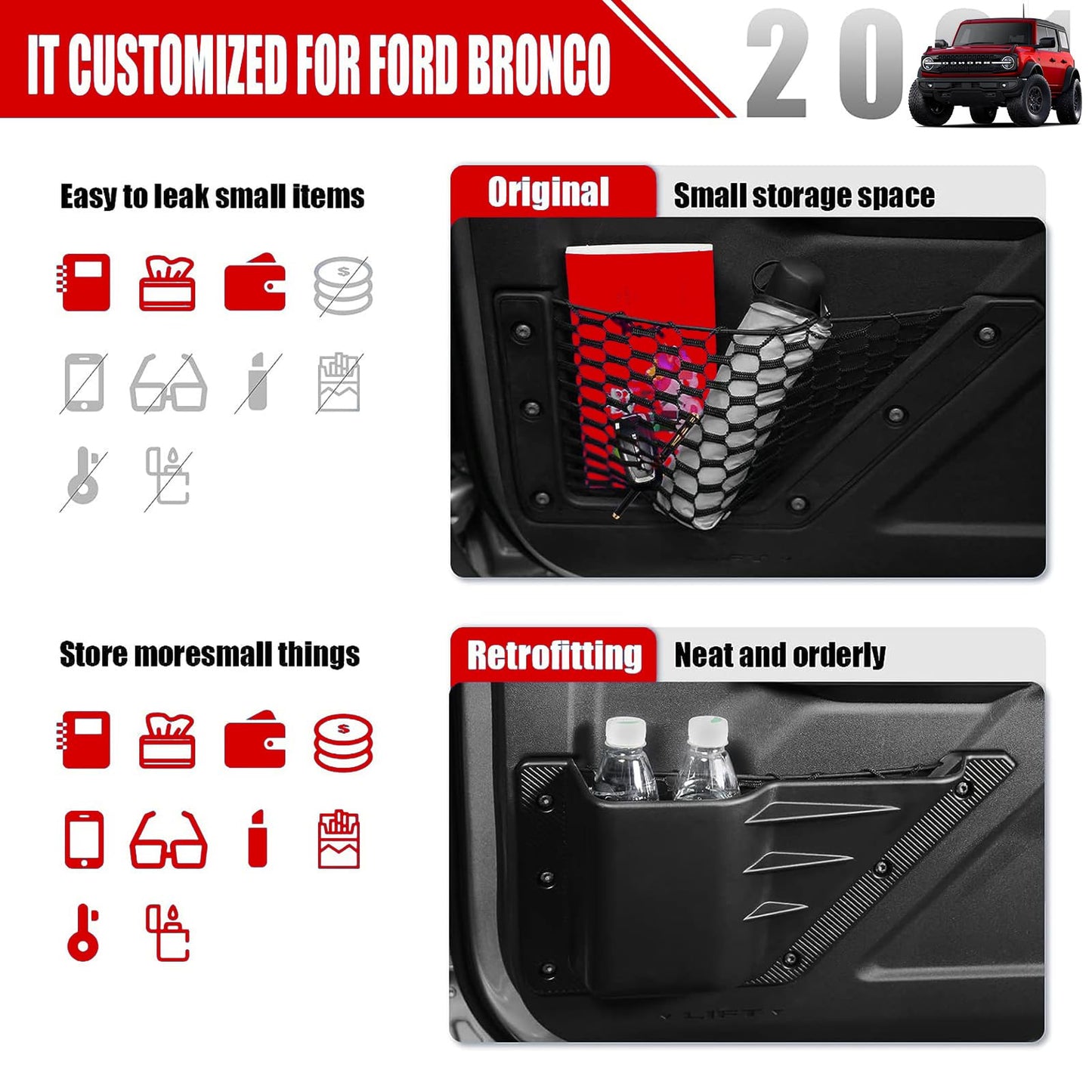 Mabett Front Door Storage Pockets for Ford Bronco Accessories 2021-2026