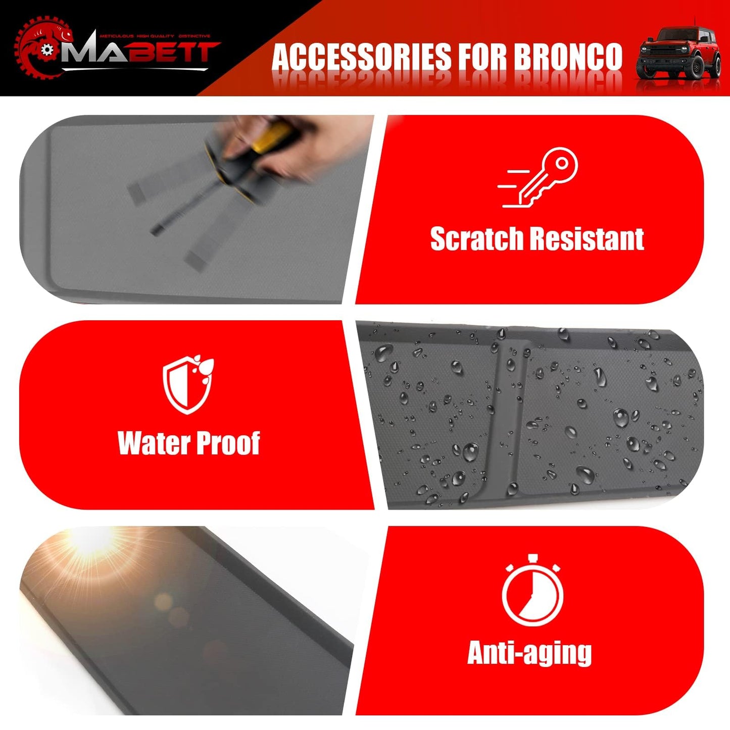 Mabett Car Dash Non-Slip Rubber Pad 3 PCS for Ford Bronco Accessories 2021-2024