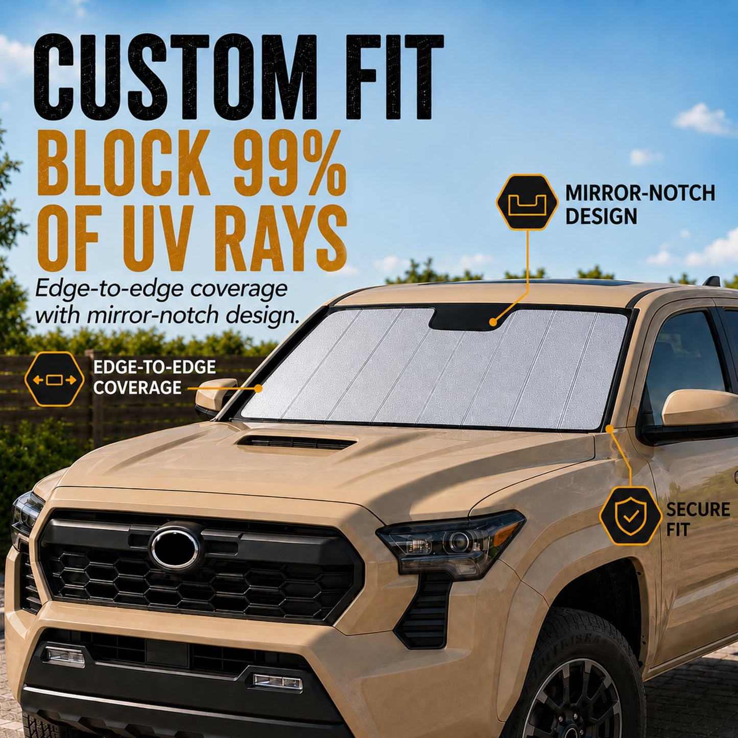 Windshield Sun Shade for 2024–2026 Toyota Tacoma Without Factory Dashcam